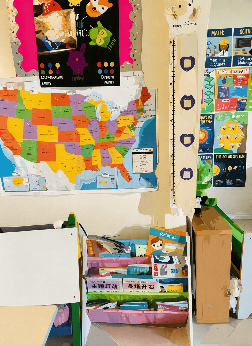 Educational learning wall with US map and curriculum posters at Little Hearts LA daycare