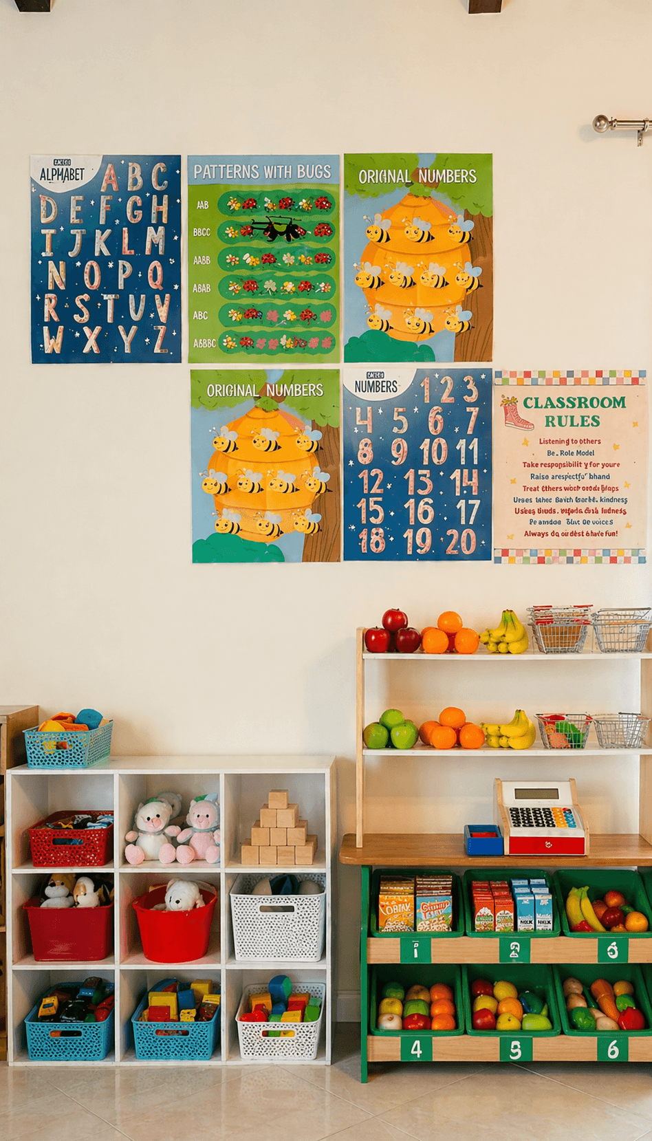 Alphabet, numbers and classroom rules learning posters at Little Hearts LA preschool